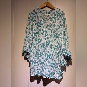 Cynthia Rowley Aqua green floral peasant blouse top ruffles 1X